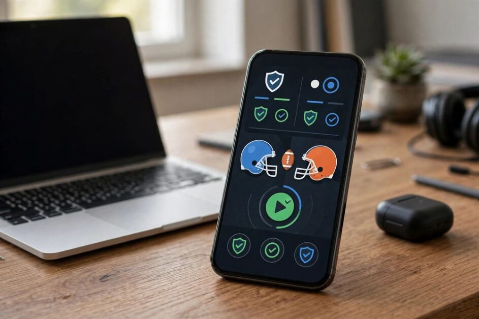 Smartphone and laptop showing NFL streaming status check with safety shield icons