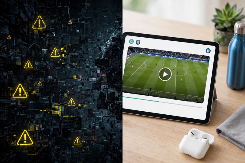 Split concept showing risky glitchy streaming versus clean safe sports streaming on tablet