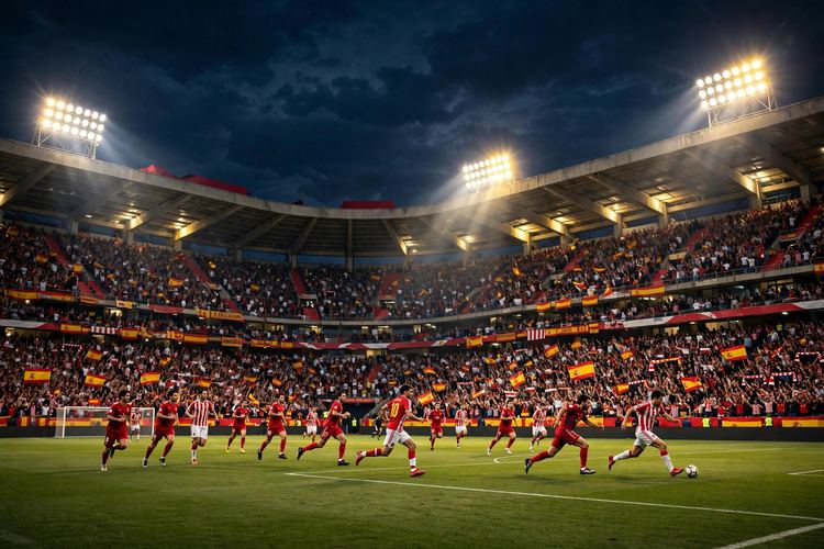 Floodlit Spanish football stadium at night with players on the pitch
