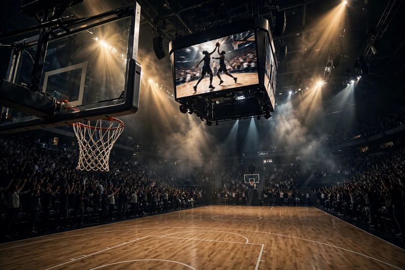 Basketball arena with dramatic lighting for NBA game streaming