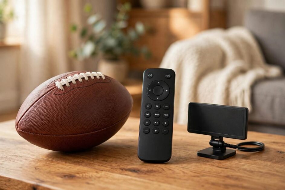 American football with TV remote and digital antenna for watching NFL free without cable