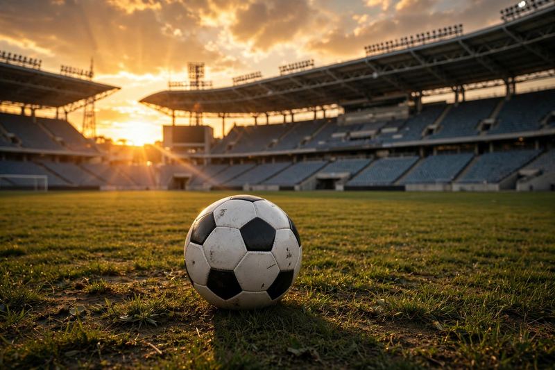 Soccer ball on pitch at sunset with stadium in background