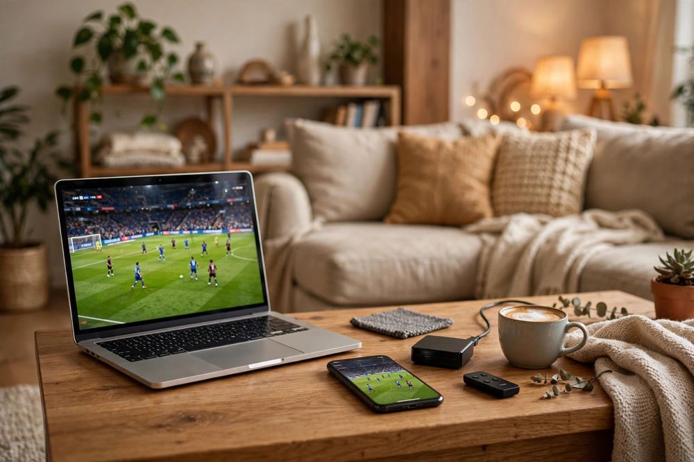 Laptop and smartphone showing soccer match in cozy living room