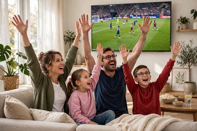 Family watching soccer match together on big TV in living room