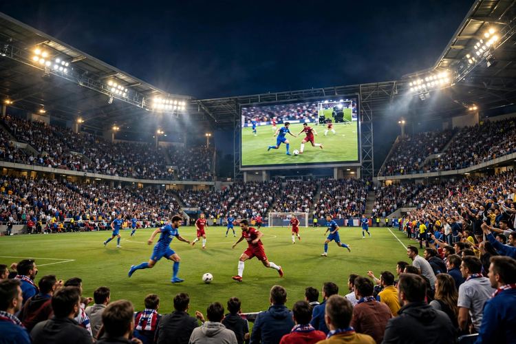 Soccer stadium during night match with floodlights for live football streaming