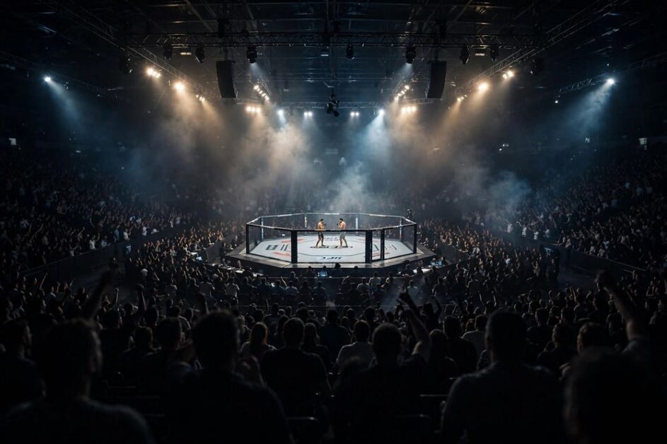 MMA octagon arena with dramatic spotlights for UFC fight night
